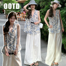 批发新款现天丝麻休闲无袖清冷感碎花<b class='q'>上衣</b>+重工蕾丝花边裤