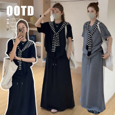 批发现现夏装慵懒<b class='q'>休闲</b>孕妇大码短袖上衣+开叉半身裙+披肩套装