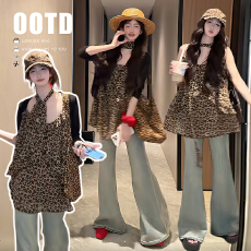 批发新款现韩系时髦豹纹吊带+防晒开衫套装+牛仔<b class='q'>裤</b>套装