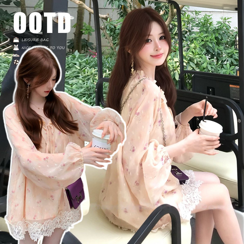 여름 켜기 새로운 분말 안개 꽃말 꽃무늬 패치워크 레이스 자외선 차단 긴팔 맨위 하이웨이스트 반바지 세트