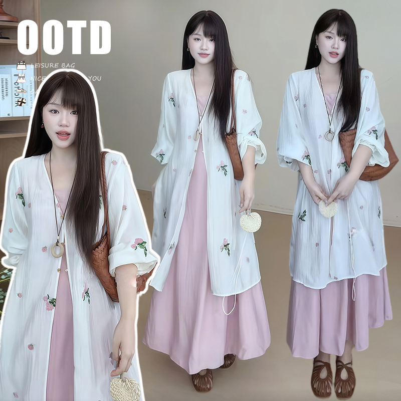 여름 켜기 새로운 현금 자수 주간 실크 외부 셔츠 치마 슬립 드레스 임산부 빅 사이즈 mm 투피스 슈트