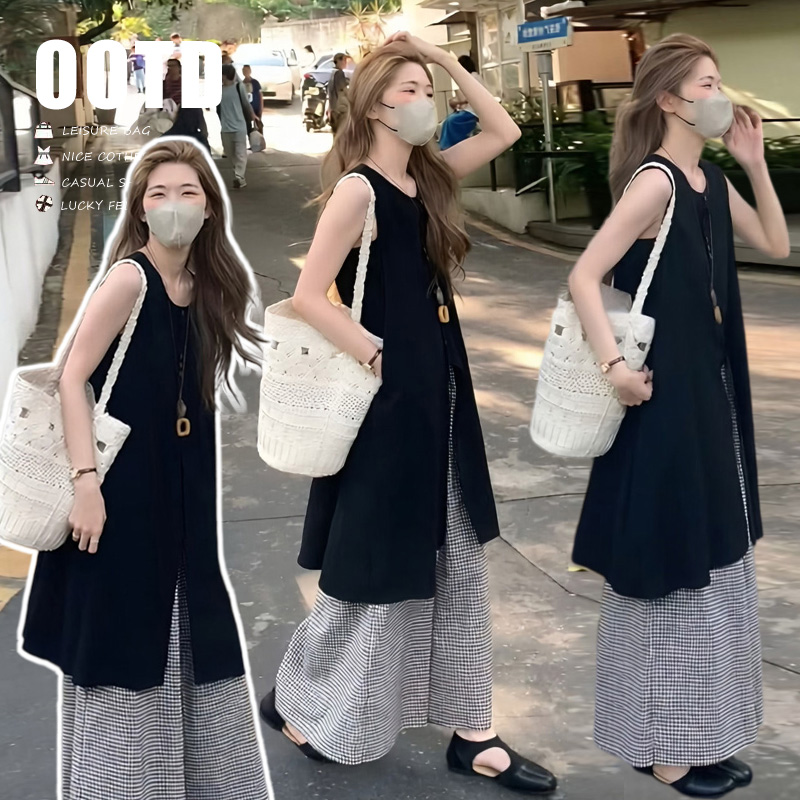 지금 여름 켜기 새로운 미니멀리즘 민소매 한 마디 다용도 조끼 스커트 밴딩 조정 체크무늬 와이드 레그 팬츠 세트