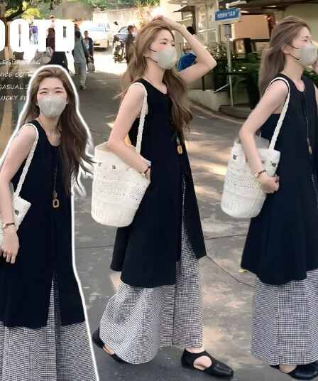 지금 여름 켜기 새로운 미니멀리즘 민소매 한 마디 다용도 조끼 스커트 밴딩 조정 체크무늬 와이드 레그 팬츠 세트