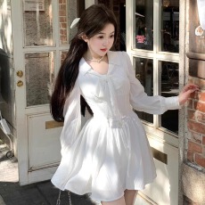批发双层套里悸动小白<b class='q'>裙</b>花边长袖衬衫连衣<b class='q'>裙</b>法式绝美白色春夏短<b class='q'>裙</b>穿搭