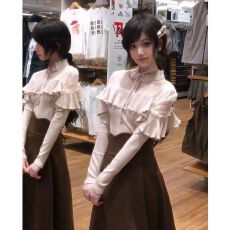 批发日系清楚系温柔套装女秋季新款蕾丝花边拼接上衣+收腰半裙两件套