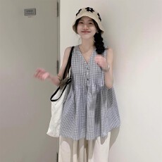批发色织布蓝色格子无袖v领背心小上衣女夏季外穿2026新款夏日漂亮ins