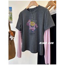 马上有钱~洋气粉粉袖拼接假两件小马印花长袖T恤女春季休闲上衣