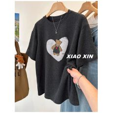 批发早春漂亮~韩系大爱心小熊印花<b class='q'>宽松</b>厚实德绒短袖T恤女休闲内搭上衣