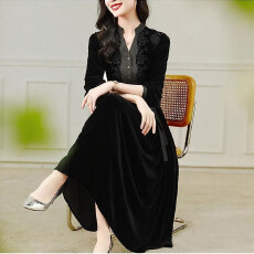 批发真丝丝绒<b class='q'>连衣裙</b>女2025年春秋款法式香云纱拼接<b class='q'>桑蚕丝</b>复古长裙