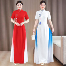 批发旗袍秀走秀高端<b class='q'>演出服</b>2026新款舞台高贵年轻款改良奥黛红色连衣裙