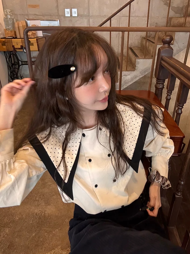 봄 신제품 한 부서 활력 달콤함 소녀 도트 무늬 빅 칼라 이중 버튼 레트로 다용도 셔츠