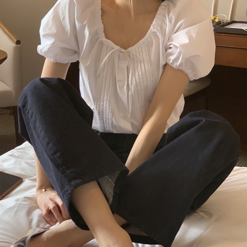 봄 새로운 한 부서 순수한 욕망 달콤함 품격 소녀 레이스 레이스업 반팔 셔츠