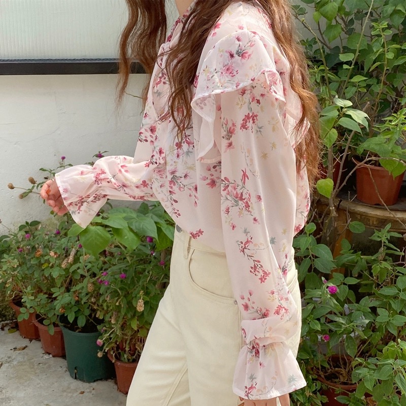 봄 새로운 한 부서 봄날 꽃무늬 부드러운 레이스업 연꽃 잎 레이스 셔츠