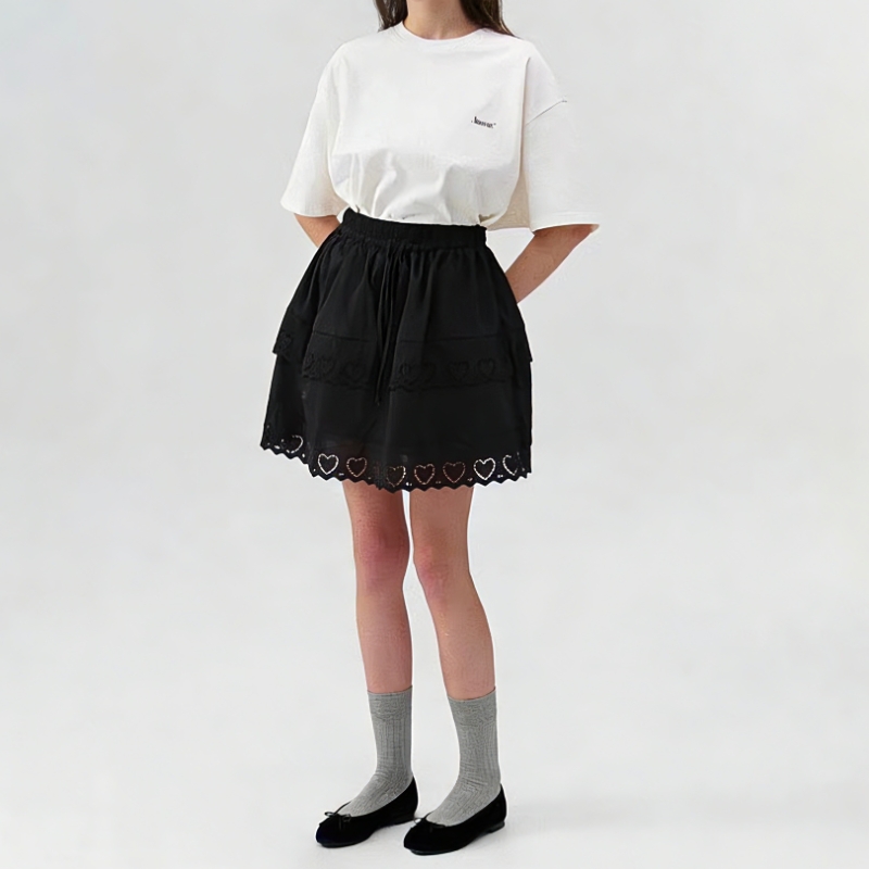 봄 새로운 한 부서 달콤한 차가운 소녀 단색 하트 홀로우 아웃 레이스업 반신 스커트 미니 스커트