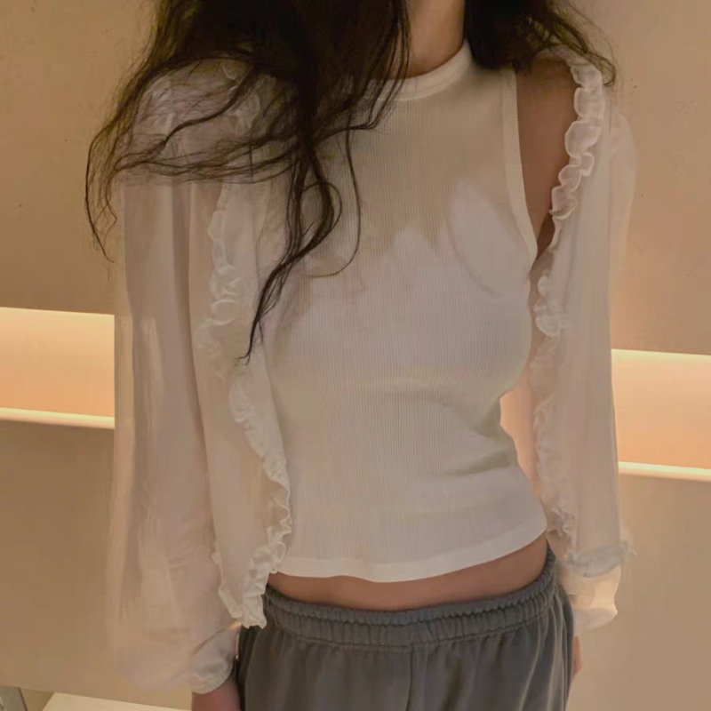 새로운 한 부서 달콤함 소녀 단색 목이버섯 레이스 부서 버클 셔츠 조끼