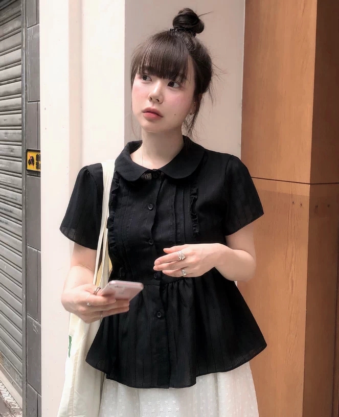 새로운 한 부서 달콤함 귀여운 소녀 베이비 칼라 단색 허리 수축 반팔 셔츠 2 색