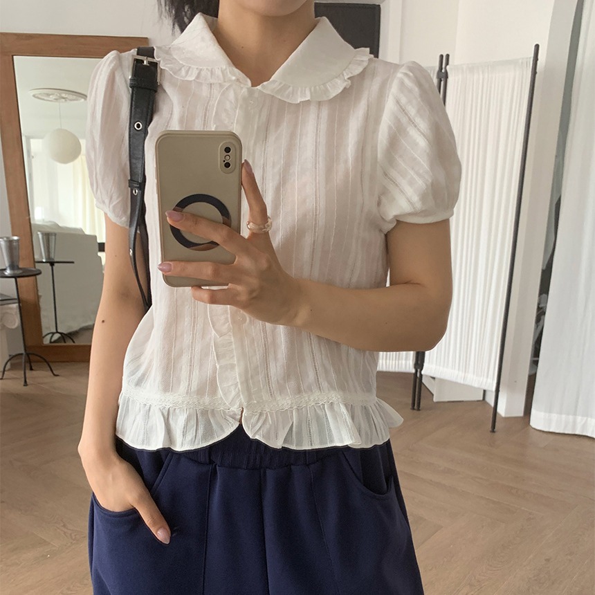 새로운 한 부서 달콤함 소녀 목이버섯 레이스 단색 셔츠 2 색 입력