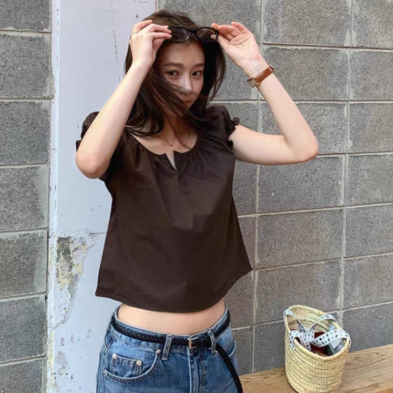 한 부서 활력 소녀 익스트림 제인 라운드 넥 목이버섯 레이스 삽입 어깨 소매 반팔 셔츠 2 색