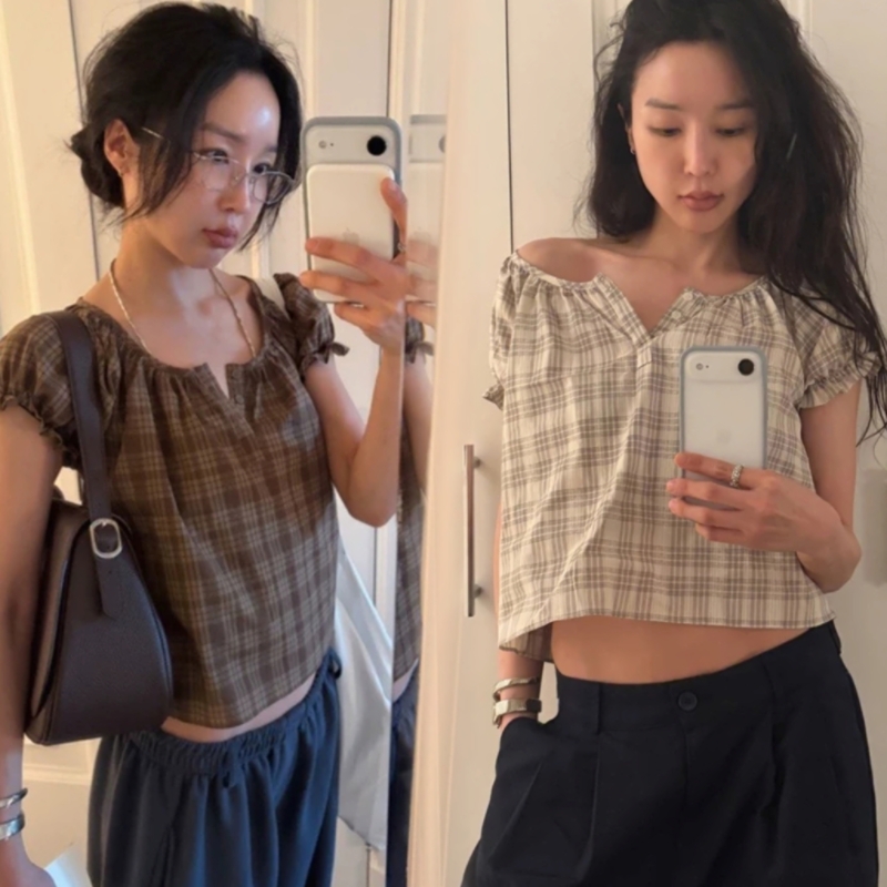 한 부서 bm 레트로 달콤함 캐주얼 체크무늬 목이버섯 레이크 사이드 반팔 셔츠 맨위