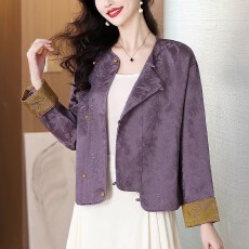 批发实拍 新中式国风紫色提花宋锦外套新款复古小个子禅意短款上衣
