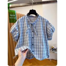 批发<b class='q'>格子</b>衬<b class='q'>衫</b>女短袖泡泡袖2026新款夏季宽松甜美洋气减龄下摆抽绳上衣