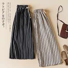 批发实拍新款条纹大码棉麻阔腿松紧腰遮肉显瘦哈伦裤女