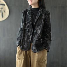 批发复古印花外套秋冬新款文艺<b class='q'>大码</b>宽松<b class='q'>西装</b>领长袖女士上衣