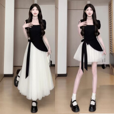 批发松本丧丧夏季撞色褶皱收腰设计感气质连衣裙