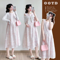 批发实拍现蝴蝶刺绣印染甜美无袖孕妈设计感<b class='q'>连衣裙</b>+防晒衫大码女装