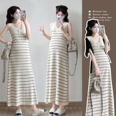 批发实拍现春<b class='q'>夏</b>款经典条纹无袖长款修身可哺乳孕妇连衣裙+防晒衫