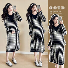 批发实拍现春季新款宽松慵懒风连帽假两件套针织<b class='q'>孕妇</b><b class='q'>连衣裙</b>大码<b class='q'>女装</b>