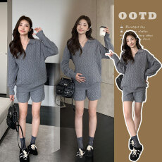 批发实拍秋冬新款POLO领麻花针织休闲上衣+可调节短裤孕妇套装