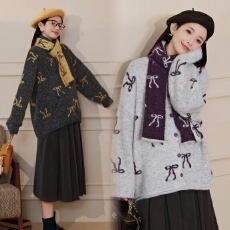 批发2025新款撞色优雅蝴蝶结开衫外套+围巾两件套孕妇装大码女装