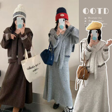 2025秋冬新款加厚披肩刺绣宽松针织上衣+可调节半身裙孕妈三件套