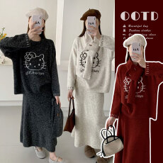 实拍2025秋冬新款卡通图案宽松针织上衣+围脖+可调节三件孕妈套装