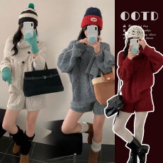 批发实拍现~秋冬新款宽松针织上衣+围脖+可调节半身裙三件套孕妈套装