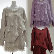 秋冬新款立体手工花蕾丝宽松慵懒针织上衣+可调节带短裙孕妈套装