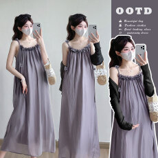 批发实拍现2025春夏季法式长裙雪纺<b class='q'>孕妇</b><b class='q'>吊带裙</b>+防晒衫大码女装