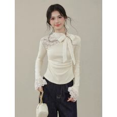 批发蕾丝蝴蝶结系带长袖t恤女<b class='q'>秋</b>冬内搭独特绝美打底衫上衣