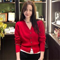 批发2025秋冬新款灰色V领针织开衫外套宽松显瘦长袖薄款毛衣外穿上衣