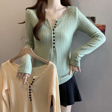 批发实拍大码复古绿色亨利领内搭针织打底衫女冬季新款毛衣小上衣6098