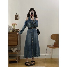 批发实拍大码港风复古露肩<b class='q'>牛仔</b><b class='q'>连衣裙</b>配腰带收腰显瘦翻领长裙1839
