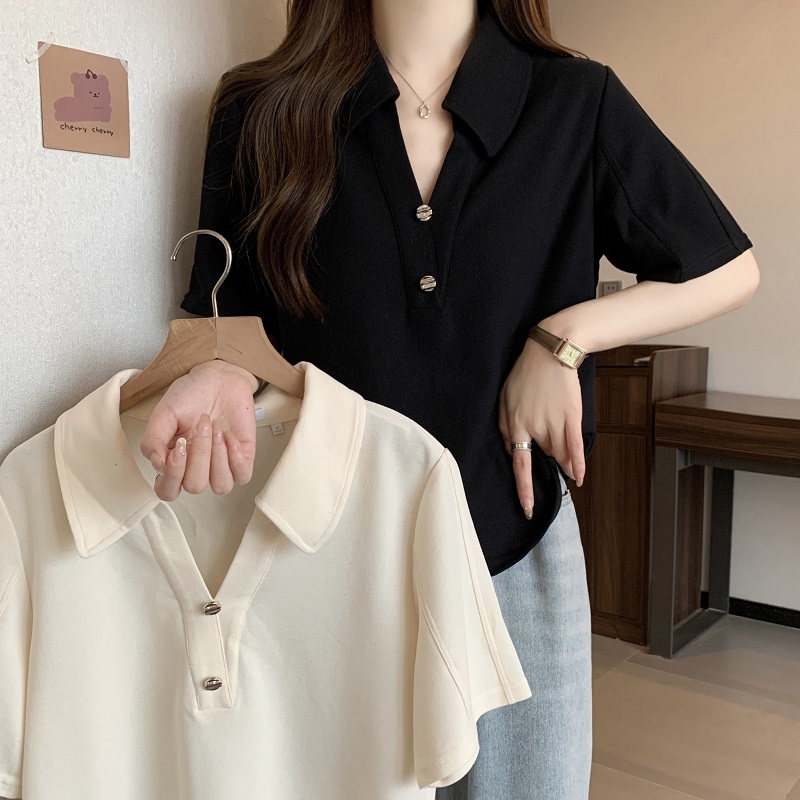 실사 빅 사이즈 여성 의류 레트로 POLO 칼라 허리 수축 슬림해 보이는 티셔츠 여름 통통한 여동생 캐주얼 맨위 1521