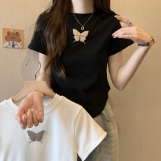 批发实拍大码美式炸街蝴蝶短袖T恤夏季ins潮牌纯欲风短款上衣1509