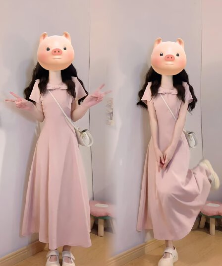 실사 빅 사이즈 여름 프랑스식 달콤함 장난기 넘치는 나비 매듭 칼라 품격 몸매 가꾸기 슬림해 보이는 한 마디 드레스 6009