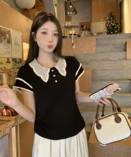실사 빅 사이즈 달콤함 학원 스타일 레이스 칼라 패치워크 색상 폴로 칼라 슬림해 보이는 품격 반팔 티셔츠 여성 여름 1863