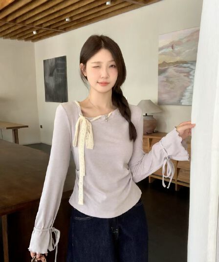 실사 빅 사이즈 프랑스식 보라색 비스듬한 칼라 긴팔 티셔츠 여성 봄 나비 넥타이 기본 셔츠 맨위 6066