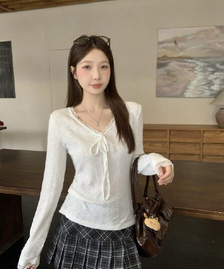 실사 빅 사이즈 화이트 질감 센스 V넥 긴팔 티셔츠 봄 여름 인사이드 가져 가라. 레이스 레이스 몸매 가꾸기 맨위 6083