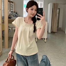 批发实拍大码夏款<b class='q'>韩</b>版设计感压褶短袖T恤女减龄垂感上衣女1667