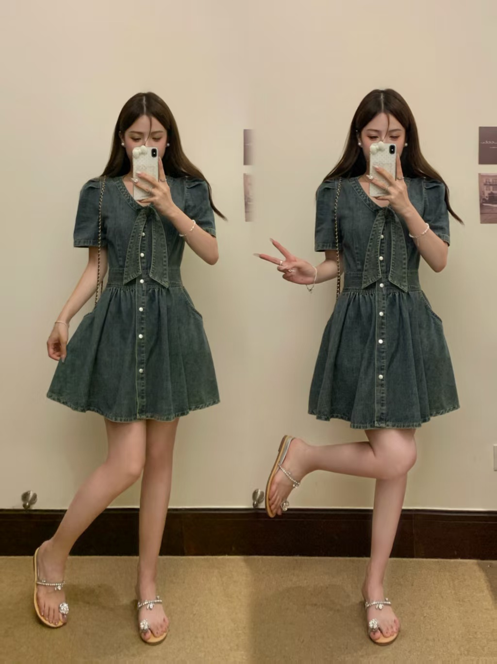 실사 빅 사이즈 여름 새로운 프랑스식 그는 벤 바람 레트로 V넥 몸매 가꾸기 슬림해 보이는 여성 드레스 1897